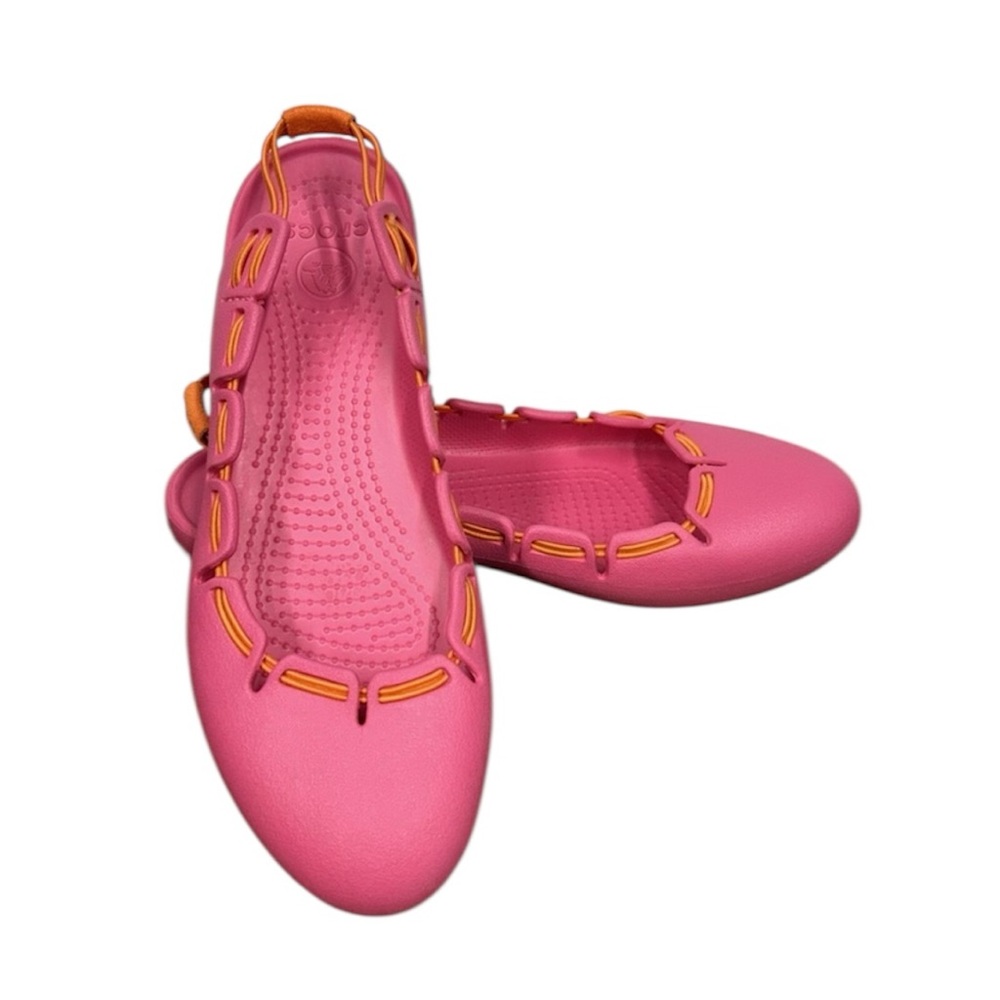 Crocs Springi Ballet‎ Flats Pink  Orange Slingback Bungee Laces Lightweight Sz 8